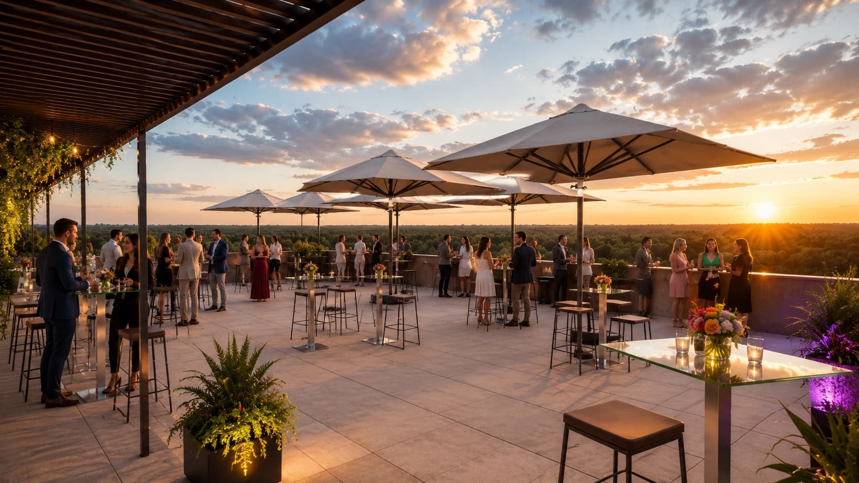 Réception sur le rooftop au coucher du soleil, invités face au panorama du Luberon