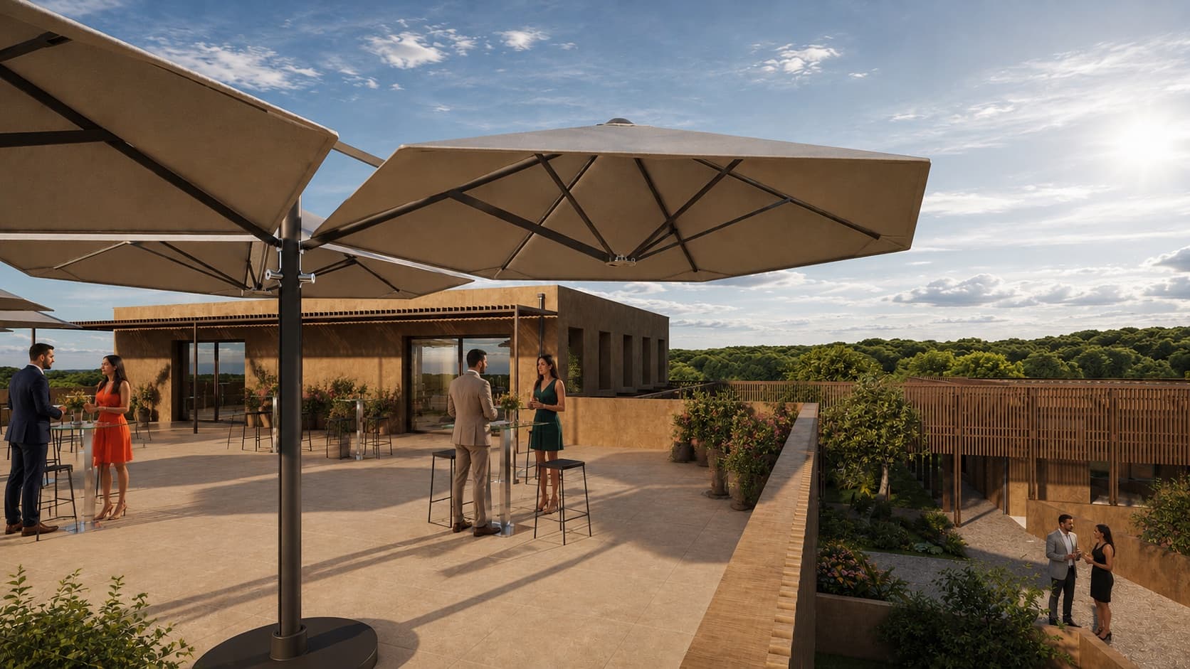 Rooftop panoramique en journée, parasols et bar ouverts sur les collines