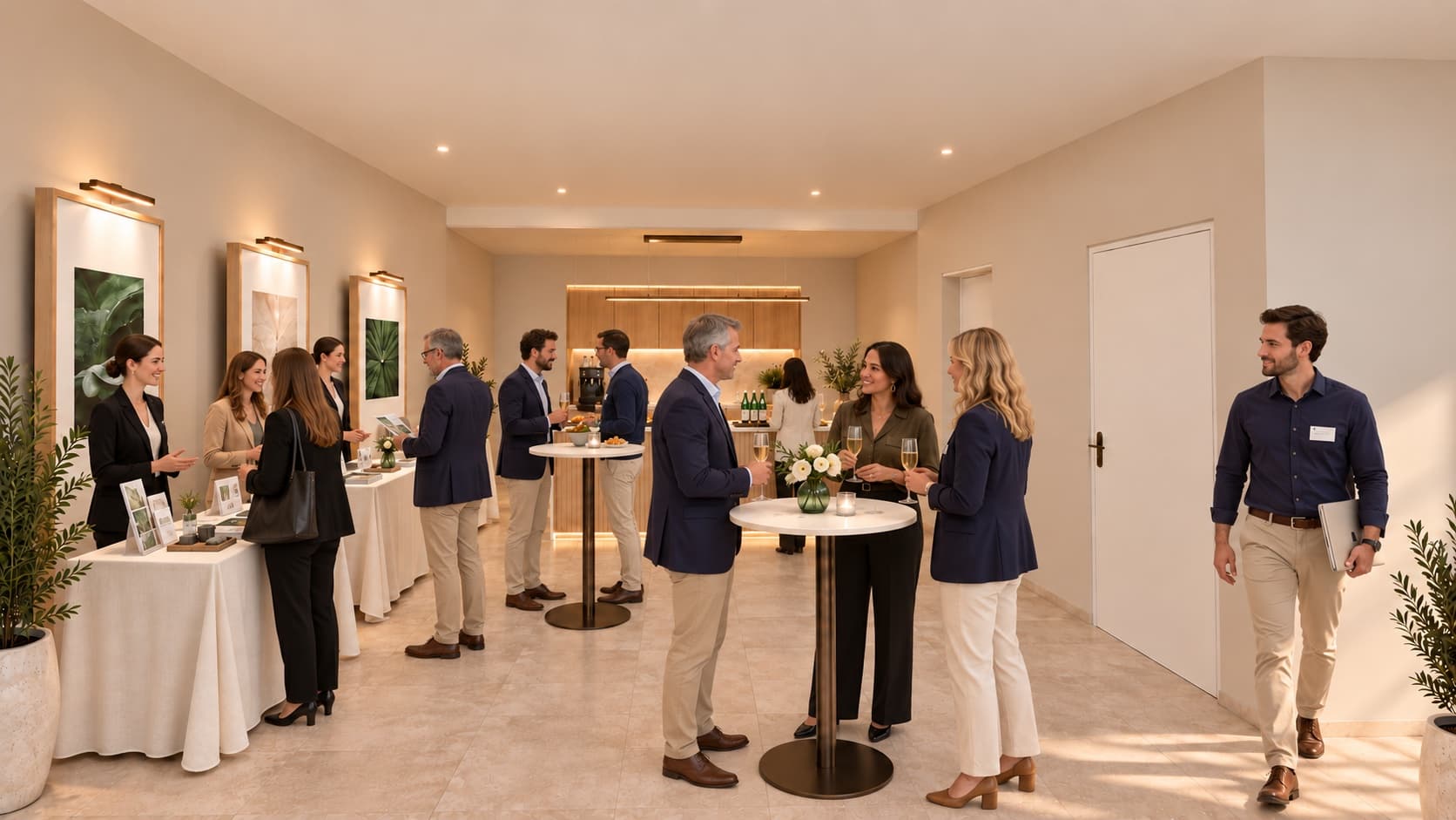 Réception en cours : invités, buffet servi depuis la cuisine, tables d’accueil des exposants