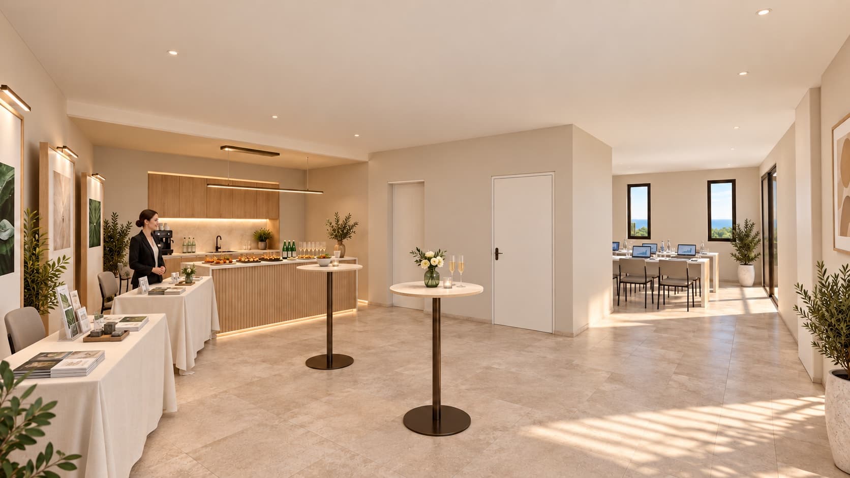 Salle de réception dressée, cuisine ouverte au fond et salle de formation en enfilade