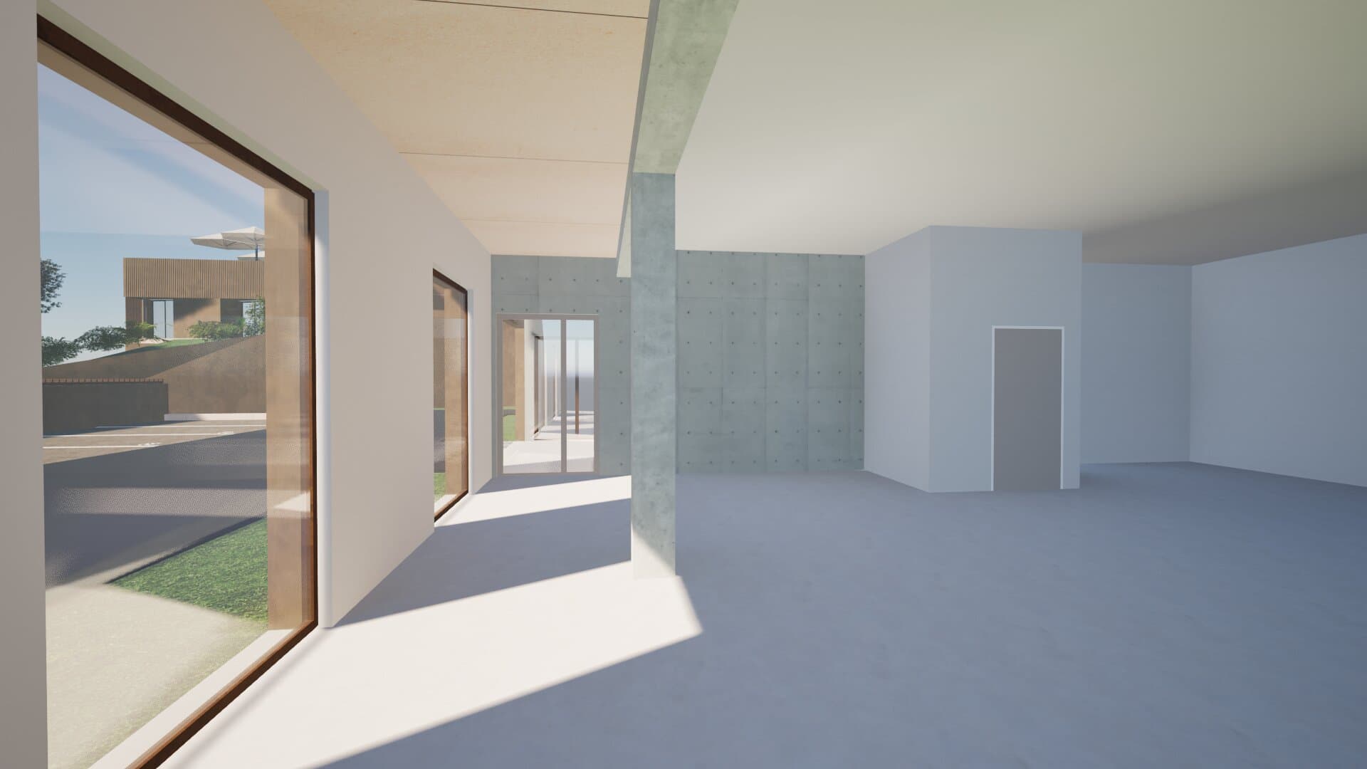 Plateau brut : grande baie vitrée d'angle, plafond bois et poteau béton
