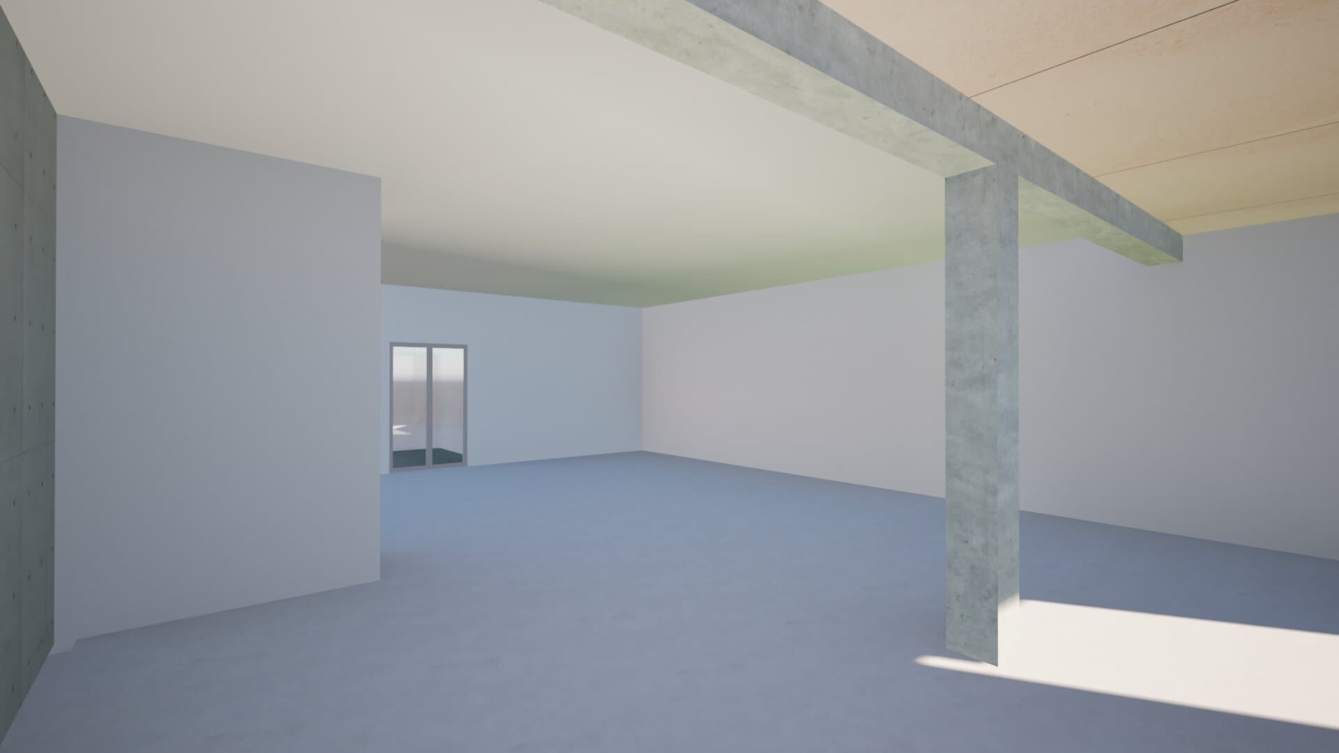 Plateau brut vu en profondeur : poteau, plafond bois et porte-fenêtre au fond