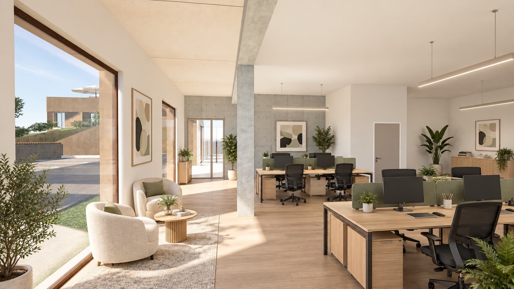 Projection : bureaux partagés et coin salon devant la baie d'angle