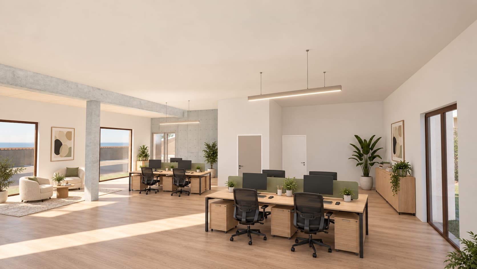 Projection : plateau de bureaux ouvert avec îlots de postes