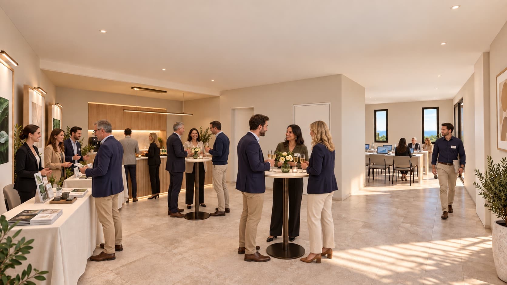 Réception de partenaires à l'étage du cabinet, salle de formation en enfilade