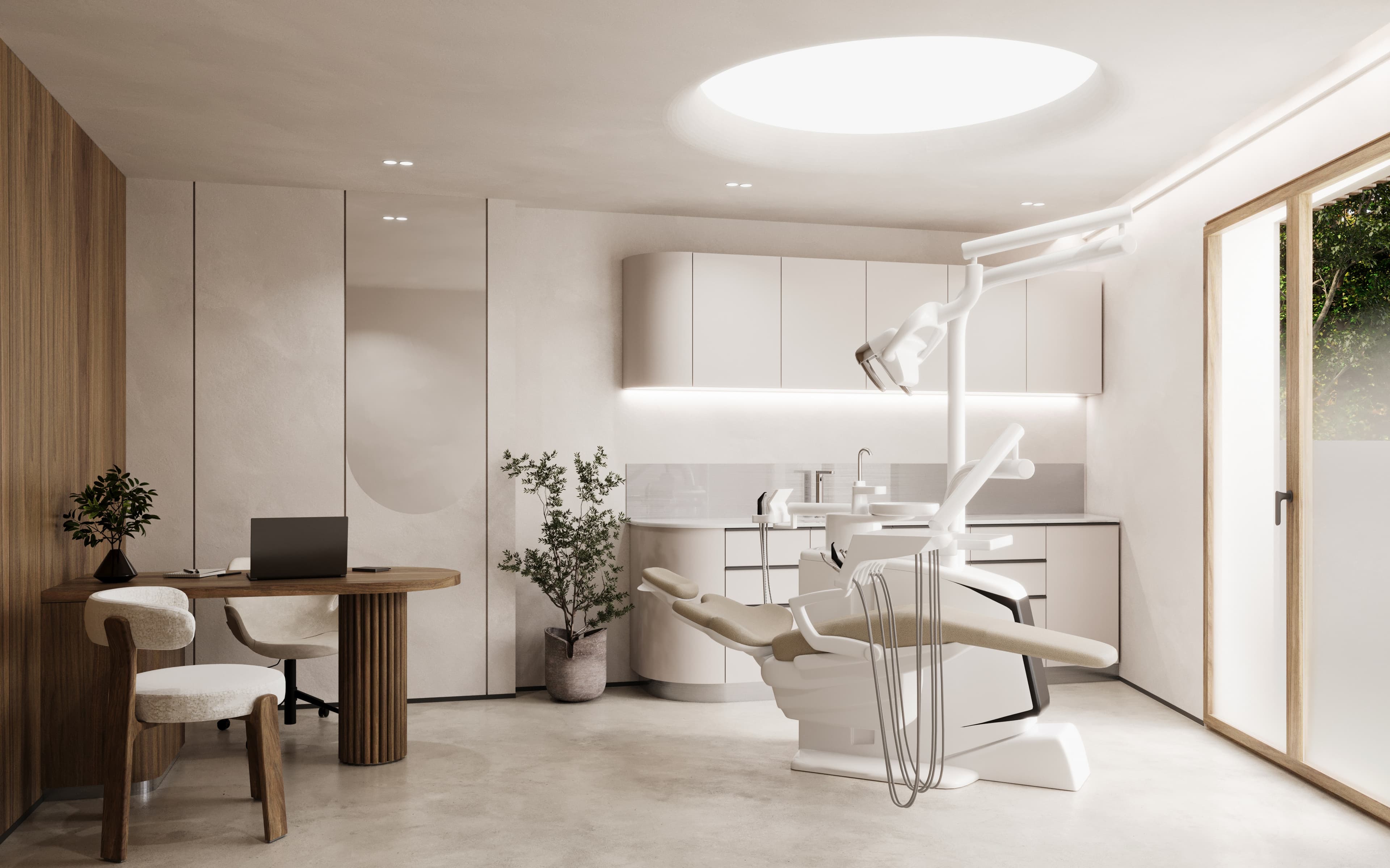 Salle de soins du futur cabinet : fauteuil dentaire, bureau en noyer et puits de lumière